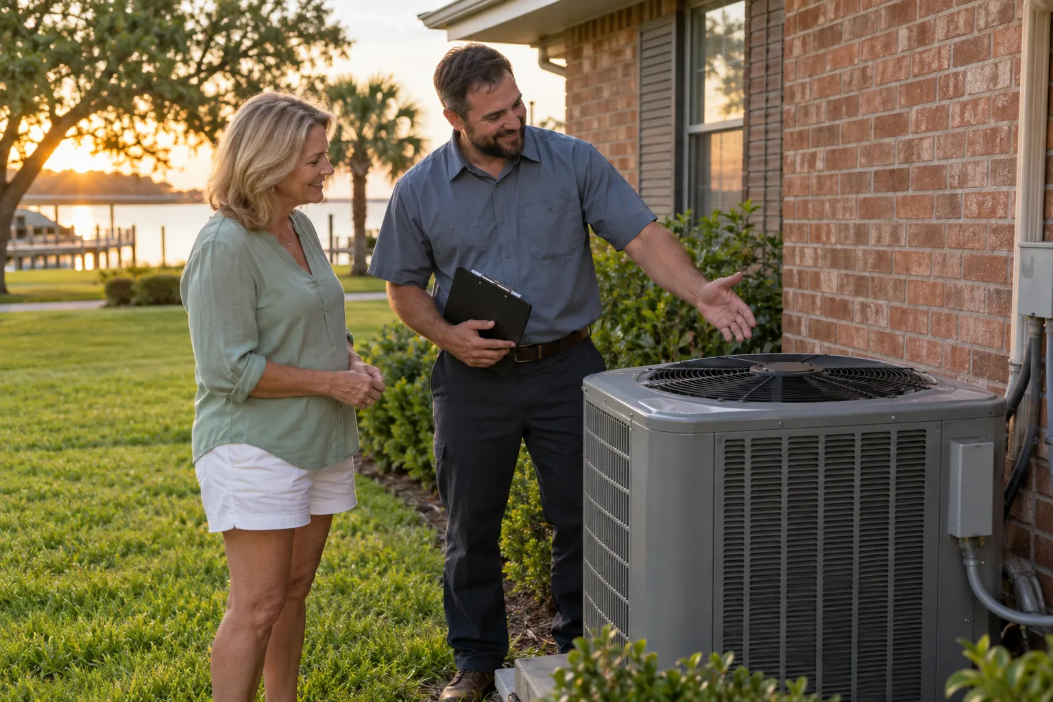 A friendly local HVAC provider and a homeowner talking beside a new outdoor air conditioner at a single-story home in Mesquite