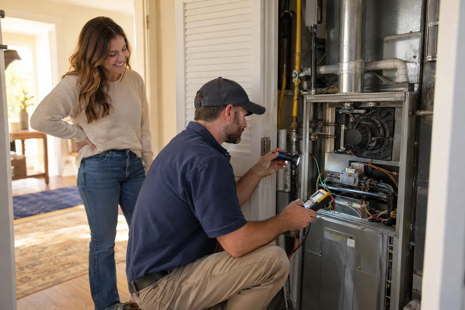 A friendly local provider checking a home furnace with a homeowner in the Mesquite area