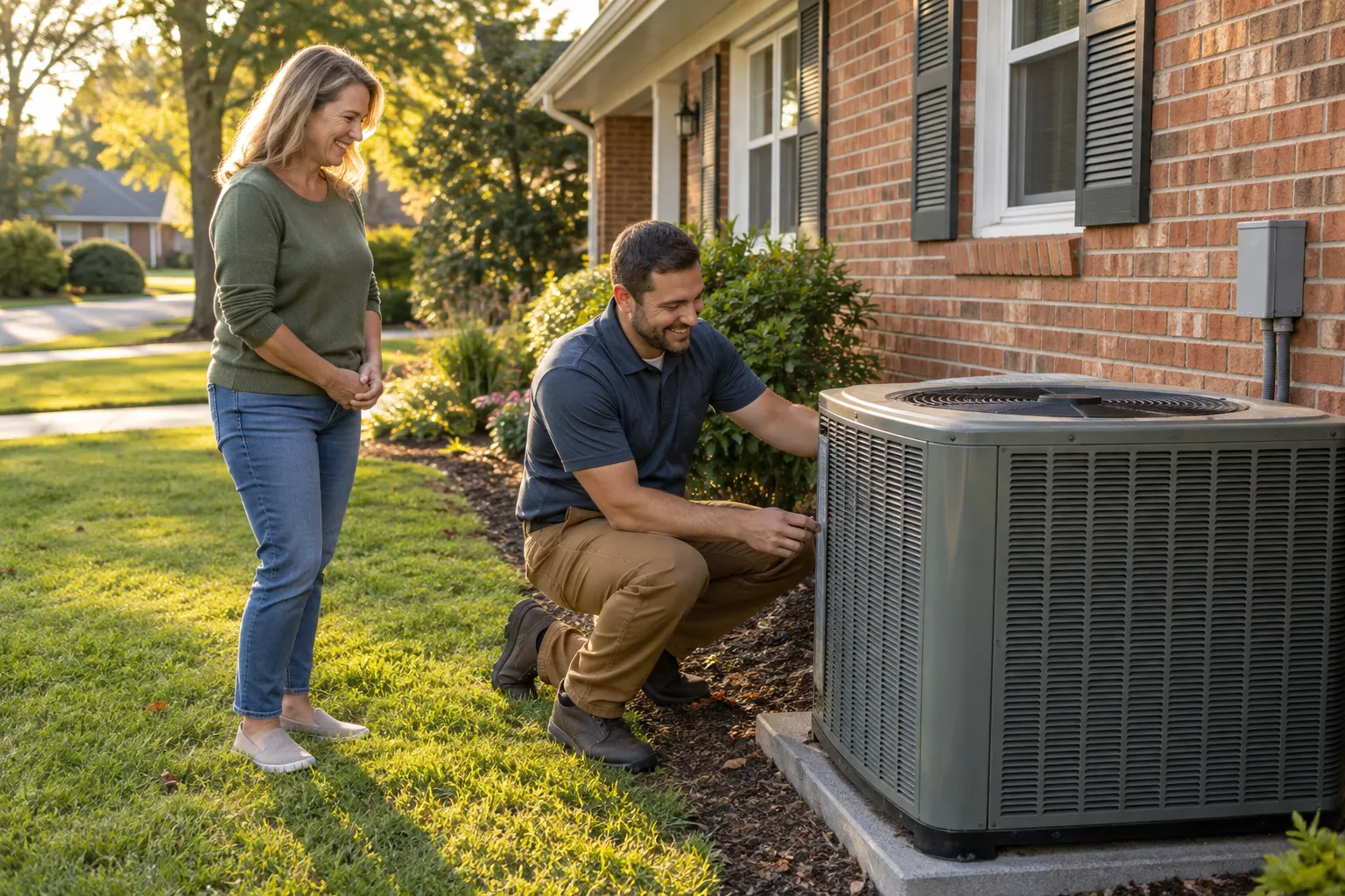 A friendly HVAC provider checking an outdoor AC unit beside a brick home in Mesquite